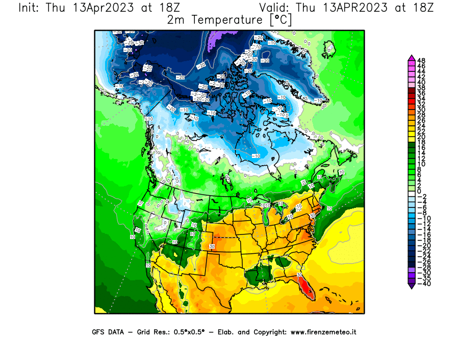 GFS analysi map - Temperature at 2 m above ground [°C] in North America
									on 13/04/2023 18 <!--googleoff: index-->UTC<!--googleon: index-->