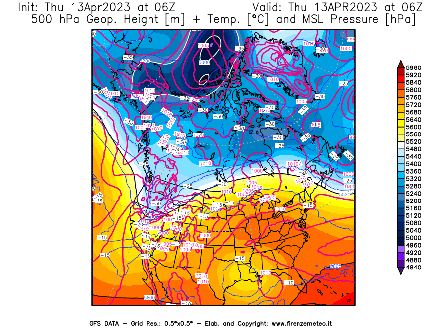GFS analysi map - Geopotential [m] + Temp. [°C] at 500 hPa + Sea Level Pressure [hPa] in North America
									on 13/04/2023 06 <!--googleoff: index-->UTC<!--googleon: index-->