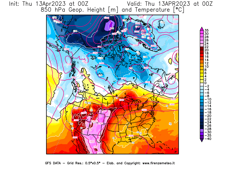 GFS analysi map - Geopotential [m] and Temperature [°C] at 850 hPa in North America
									on 13/04/2023 00 <!--googleoff: index-->UTC<!--googleon: index-->