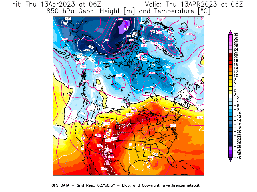 GFS analysi map - Geopotential [m] and Temperature [°C] at 850 hPa in North America
									on 13/04/2023 06 <!--googleoff: index-->UTC<!--googleon: index-->