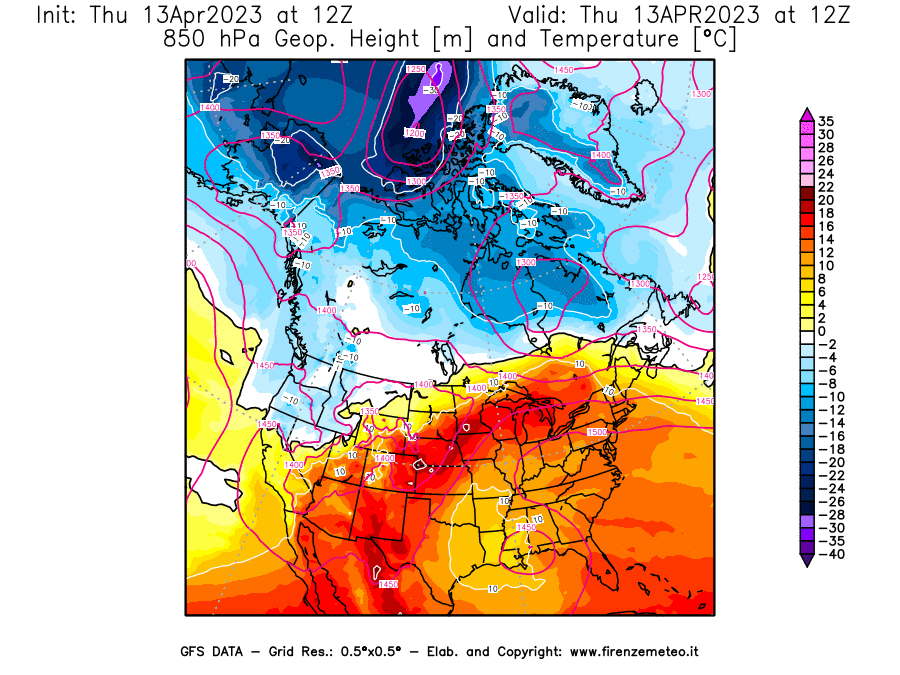 GFS analysi map - Geopotential [m] and Temperature [°C] at 850 hPa in North America
									on 13/04/2023 12 <!--googleoff: index-->UTC<!--googleon: index-->