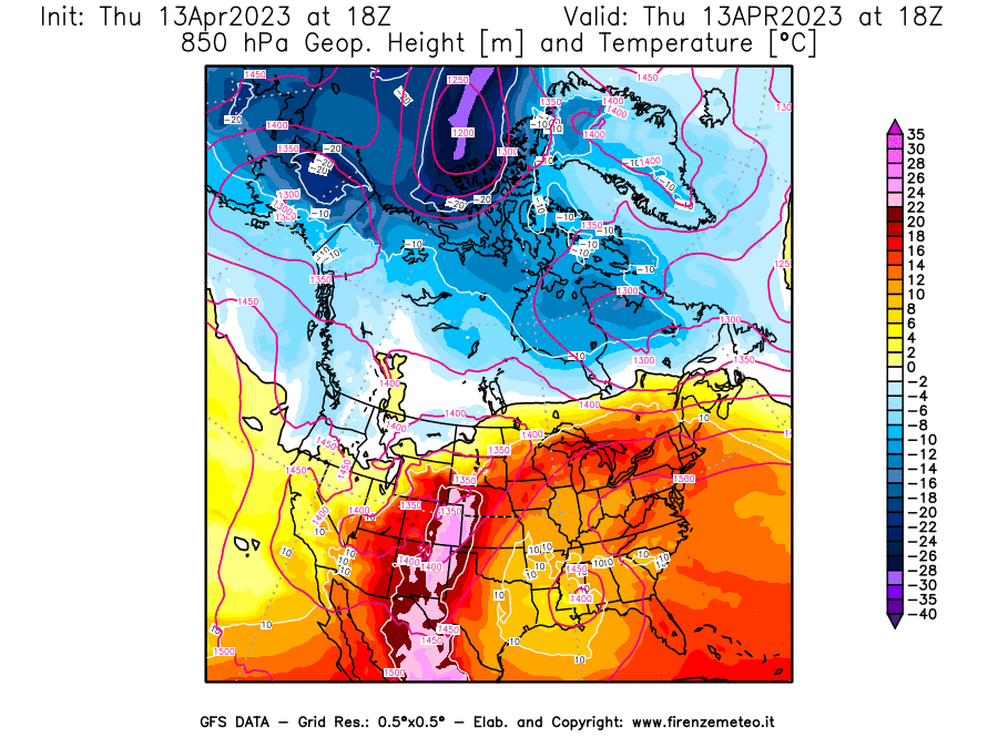 GFS analysi map - Geopotential [m] and Temperature [°C] at 850 hPa in North America
									on 13/04/2023 18 <!--googleoff: index-->UTC<!--googleon: index-->
