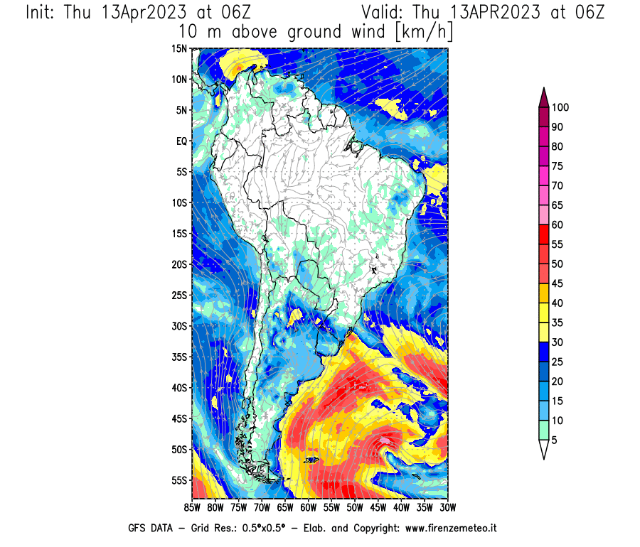 Mappa di analisi GFS - Velocità del vento a 10 metri dal suolo [km/h] in Sud-America
							del 13/04/2023 06 <!--googleoff: index-->UTC<!--googleon: index-->