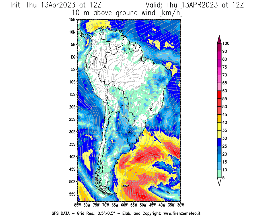 Mappa di analisi GFS - Velocità del vento a 10 metri dal suolo [km/h] in Sud-America
							del 13/04/2023 12 <!--googleoff: index-->UTC<!--googleon: index-->