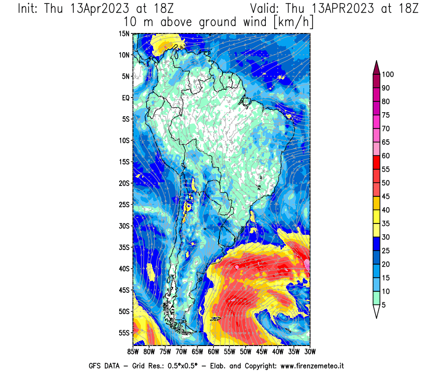 Mappa di analisi GFS - Velocità del vento a 10 metri dal suolo [km/h] in Sud-America
							del 13/04/2023 18 <!--googleoff: index-->UTC<!--googleon: index-->