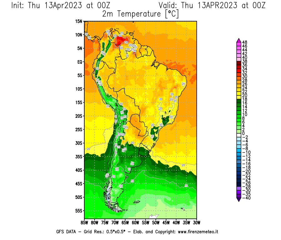 Mappa di analisi GFS - Temperatura a 2 metri dal suolo [°C] in Sud-America
							del 13/04/2023 00 <!--googleoff: index-->UTC<!--googleon: index-->