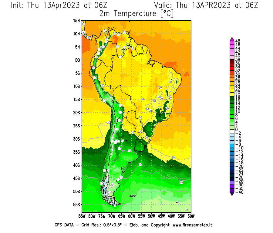 Mappa di analisi GFS - Temperatura a 2 metri dal suolo [°C] in Sud-America
							del 13/04/2023 06 <!--googleoff: index-->UTC<!--googleon: index-->