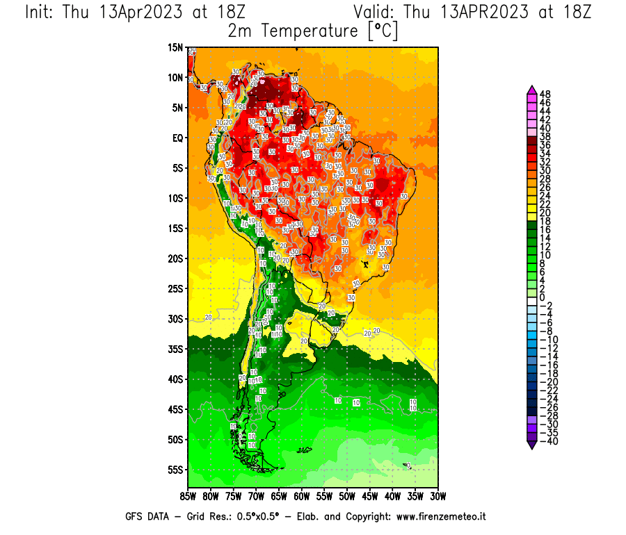 GFS analysi map - Temperature at 2 m above ground [°C] in South America
									on 13/04/2023 18 <!--googleoff: index-->UTC<!--googleon: index-->