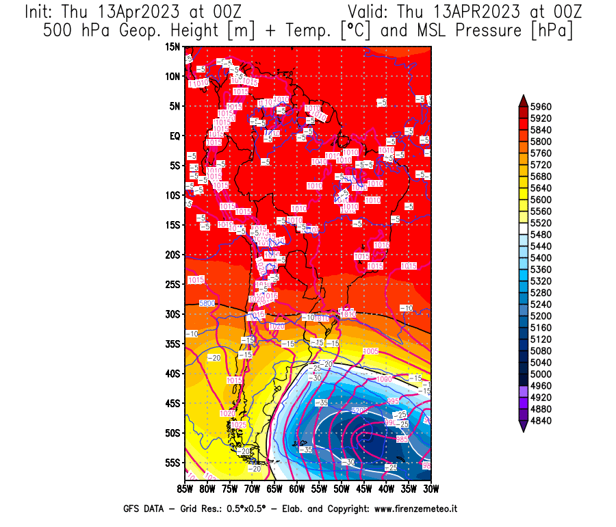 Mappa di analisi GFS - Geopotenziale [m] + Temp. [°C] a 500 hPa + Press. a livello del mare [hPa] in Sud-America
							del 13/04/2023 00 <!--googleoff: index-->UTC<!--googleon: index-->