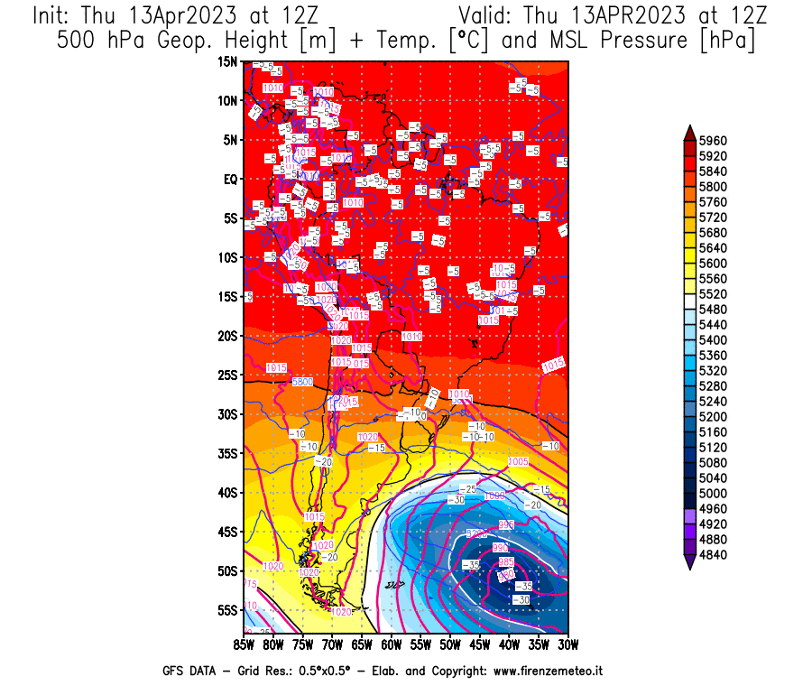 GFS analysi map - Geopotential [m] + Temp. [°C] at 500 hPa + Sea Level Pressure [hPa] in South America
									on 13/04/2023 12 <!--googleoff: index-->UTC<!--googleon: index-->