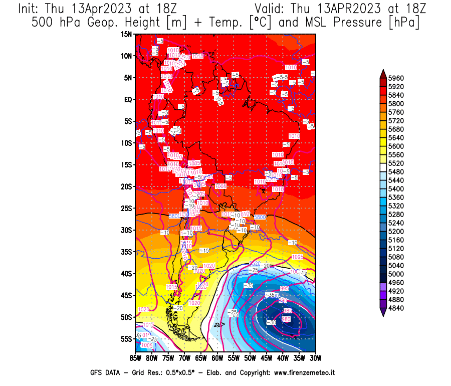 Mappa di analisi GFS - Geopotenziale [m] + Temp. [°C] a 500 hPa + Press. a livello del mare [hPa] in Sud-America
							del 13/04/2023 18 <!--googleoff: index-->UTC<!--googleon: index-->