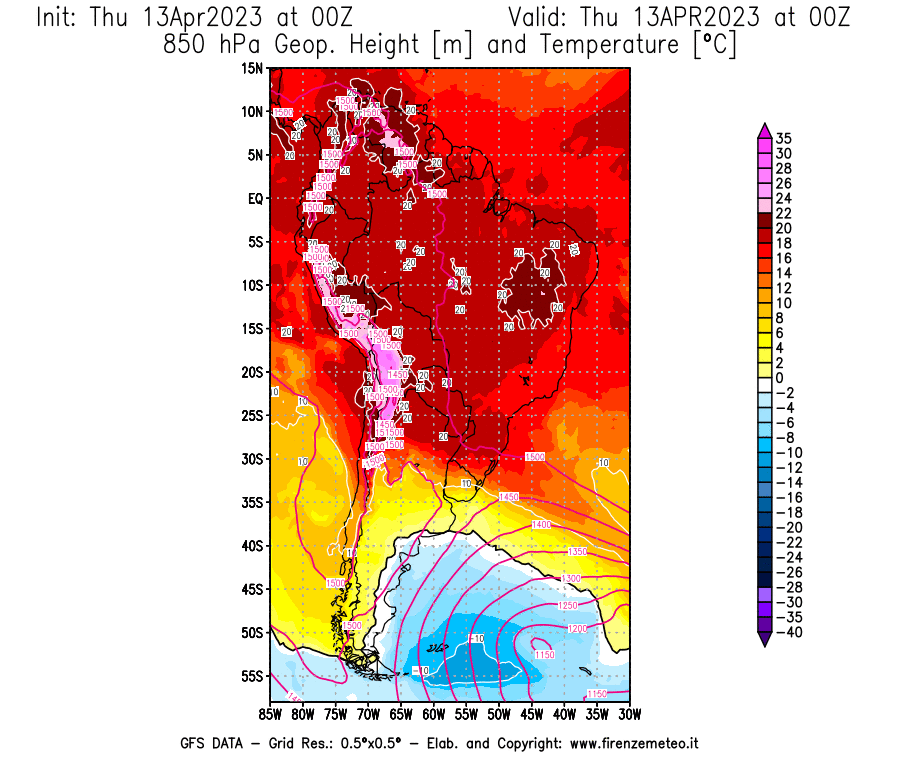 Mappa di analisi GFS - Geopotenziale [m] e Temperatura [°C] a 850 hPa in Sud-America
							del 13/04/2023 00 <!--googleoff: index-->UTC<!--googleon: index-->