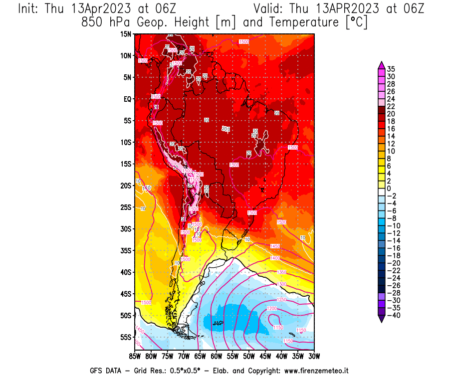 Mappa di analisi GFS - Geopotenziale [m] e Temperatura [°C] a 850 hPa in Sud-America
							del 13/04/2023 06 <!--googleoff: index-->UTC<!--googleon: index-->