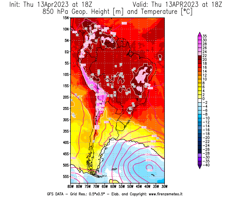 Mappa di analisi GFS - Geopotenziale [m] e Temperatura [°C] a 850 hPa in Sud-America
							del 13/04/2023 18 <!--googleoff: index-->UTC<!--googleon: index-->