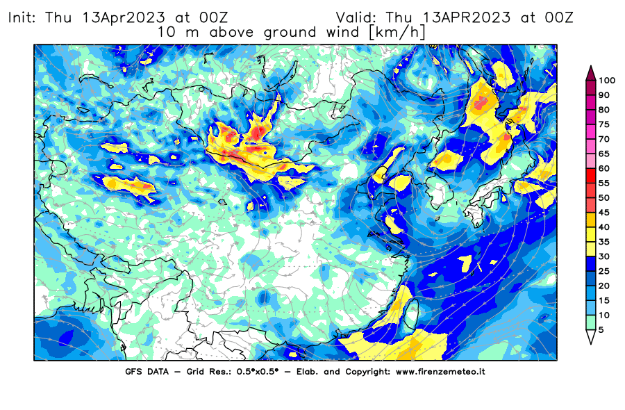 Mappa di analisi GFS - Velocità del vento a 10 metri dal suolo [km/h] in Asia Orientale
							del 13/04/2023 00 <!--googleoff: index-->UTC<!--googleon: index-->
