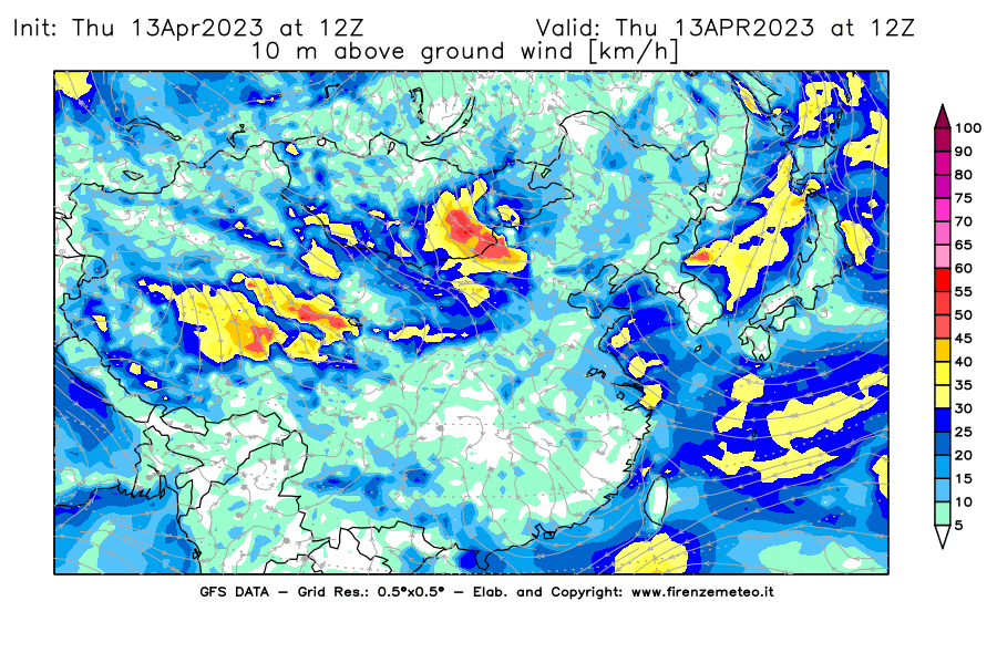 Mappa di analisi GFS - Velocità del vento a 10 metri dal suolo [km/h] in Asia Orientale
							del 13/04/2023 12 <!--googleoff: index-->UTC<!--googleon: index-->