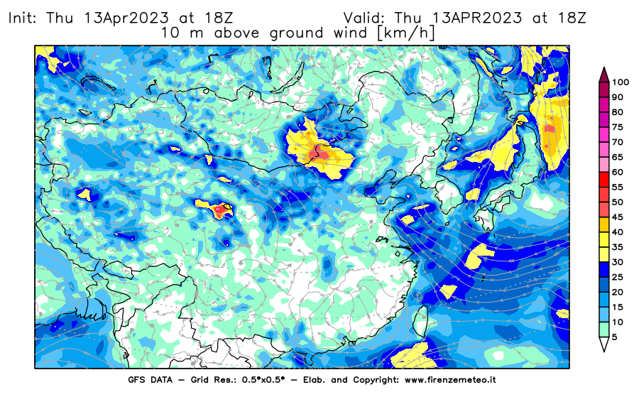GFS analysi map - Wind Speed at 10 m above ground [km/h] in East Asia
									on 13/04/2023 18 <!--googleoff: index-->UTC<!--googleon: index-->