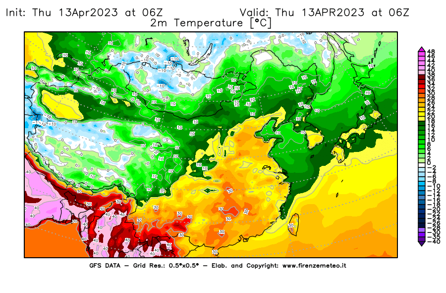 GFS analysi map - Temperature at 2 m above ground [°C] in East Asia
									on 13/04/2023 06 <!--googleoff: index-->UTC<!--googleon: index-->