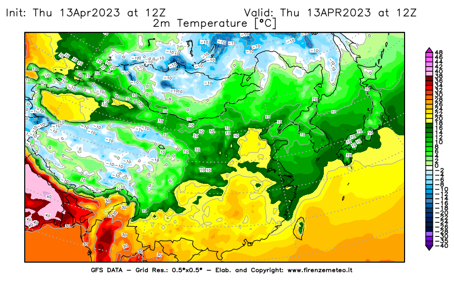 GFS analysi map - Temperature at 2 m above ground [°C] in East Asia
									on 13/04/2023 12 <!--googleoff: index-->UTC<!--googleon: index-->