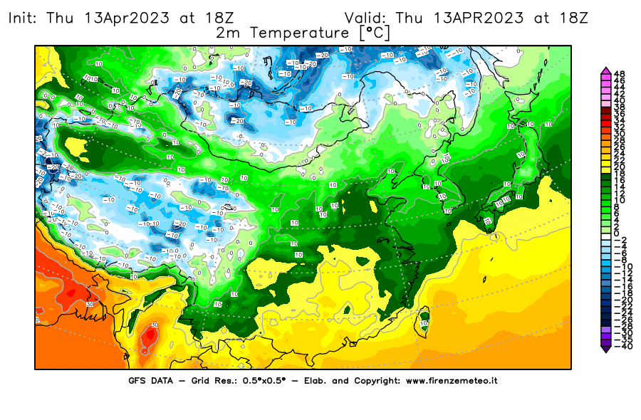 GFS analysi map - Temperature at 2 m above ground [°C] in East Asia
									on 13/04/2023 18 <!--googleoff: index-->UTC<!--googleon: index-->