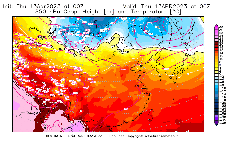 GFS analysi map - Geopotential [m] and Temperature [°C] at 850 hPa in East Asia
									on 13/04/2023 00 <!--googleoff: index-->UTC<!--googleon: index-->