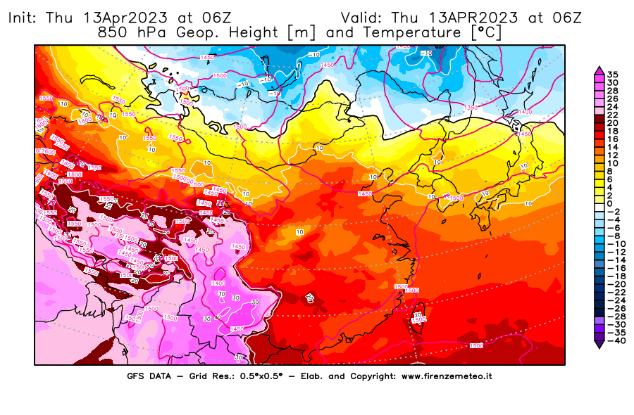GFS analysi map - Geopotential [m] and Temperature [°C] at 850 hPa in East Asia
									on 13/04/2023 06 <!--googleoff: index-->UTC<!--googleon: index-->