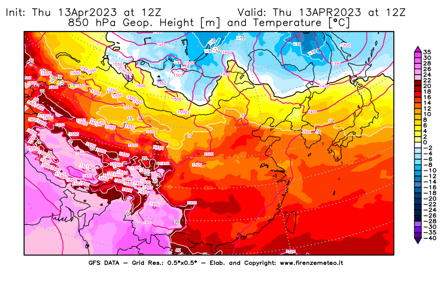 GFS analysi map - Geopotential [m] and Temperature [°C] at 850 hPa in East Asia
									on 13/04/2023 12 <!--googleoff: index-->UTC<!--googleon: index-->