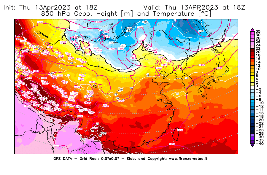 GFS analysi map - Geopotential [m] and Temperature [°C] at 850 hPa in East Asia
									on 13/04/2023 18 <!--googleoff: index-->UTC<!--googleon: index-->