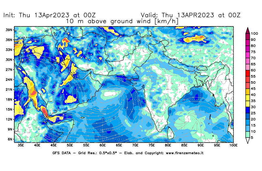 Mappa di analisi GFS - Velocità del vento a 10 metri dal suolo [km/h] in Asia Sud-Occidentale
							del 13/04/2023 00 <!--googleoff: index-->UTC<!--googleon: index-->