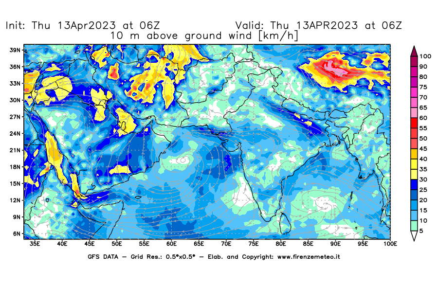 Mappa di analisi GFS - Velocità del vento a 10 metri dal suolo [km/h] in Asia Sud-Occidentale
							del 13/04/2023 06 <!--googleoff: index-->UTC<!--googleon: index-->
