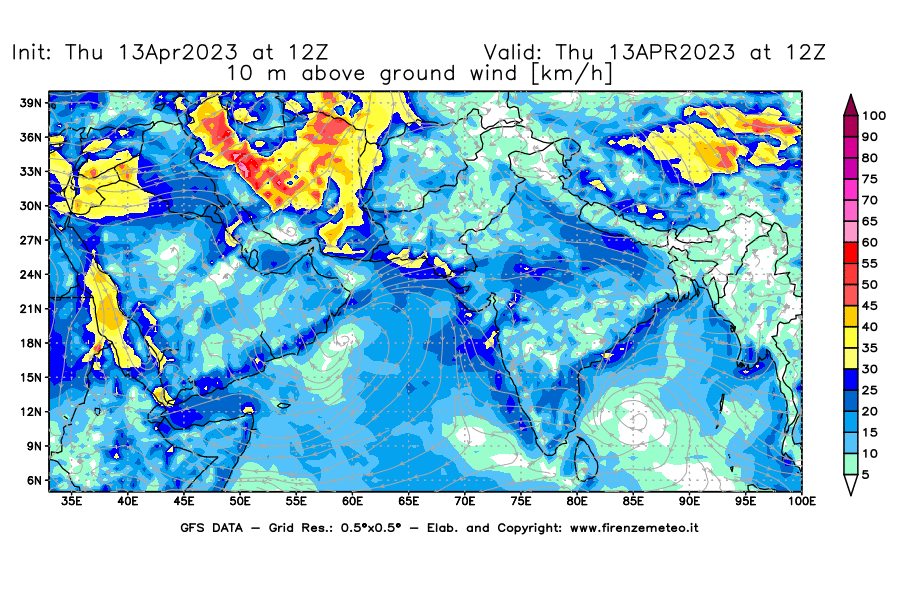 Mappa di analisi GFS - Velocità del vento a 10 metri dal suolo [km/h] in Asia Sud-Occidentale
							del 13/04/2023 12 <!--googleoff: index-->UTC<!--googleon: index-->