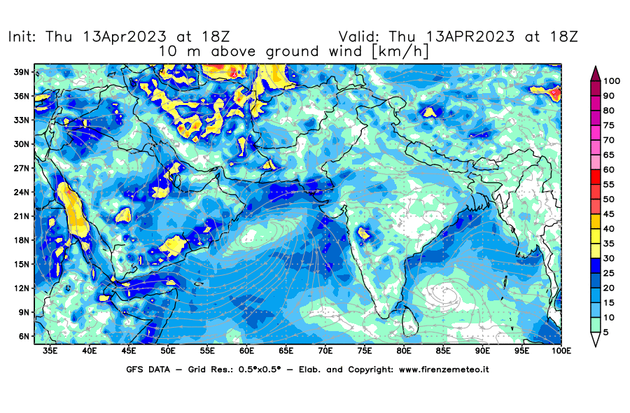 GFS analysi map - Wind Speed at 10 m above ground [km/h] in South West Asia 
									on 13/04/2023 18 <!--googleoff: index-->UTC<!--googleon: index-->