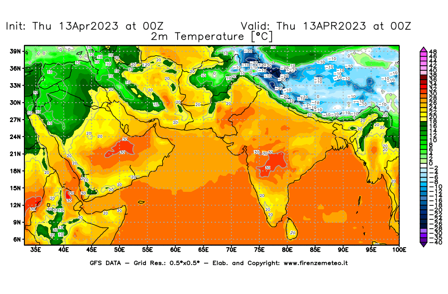 GFS analysi map - Temperature at 2 m above ground [°C] in South West Asia 
									on 13/04/2023 00 <!--googleoff: index-->UTC<!--googleon: index-->