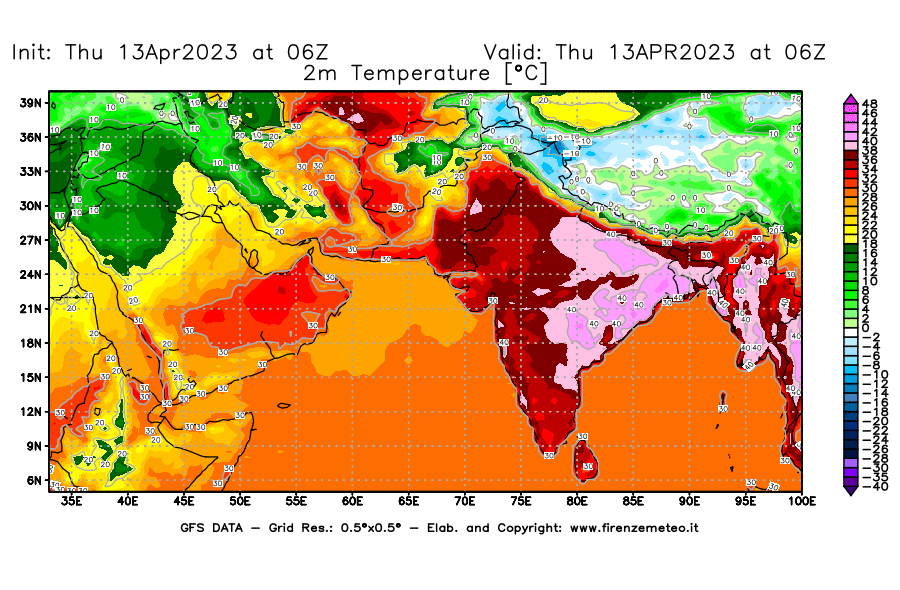 Mappa di analisi GFS - Temperatura a 2 metri dal suolo [°C] in Asia Sud-Occidentale
							del 13/04/2023 06 <!--googleoff: index-->UTC<!--googleon: index-->
