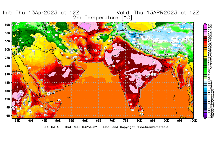 Mappa di analisi GFS - Temperatura a 2 metri dal suolo [°C] in Asia Sud-Occidentale
							del 13/04/2023 12 <!--googleoff: index-->UTC<!--googleon: index-->