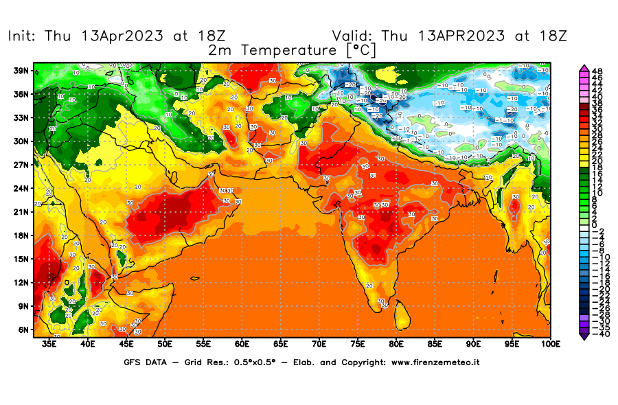 Mappa di analisi GFS - Temperatura a 2 metri dal suolo [°C] in Asia Sud-Occidentale
							del 13/04/2023 18 <!--googleoff: index-->UTC<!--googleon: index-->