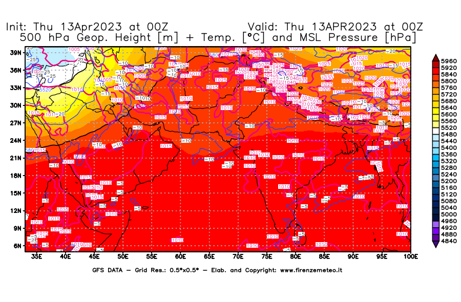 Mappa di analisi GFS - Geopotenziale [m] + Temp. [°C] a 500 hPa + Press. a livello del mare [hPa] in Asia Sud-Occidentale
							del 13/04/2023 00 <!--googleoff: index-->UTC<!--googleon: index-->