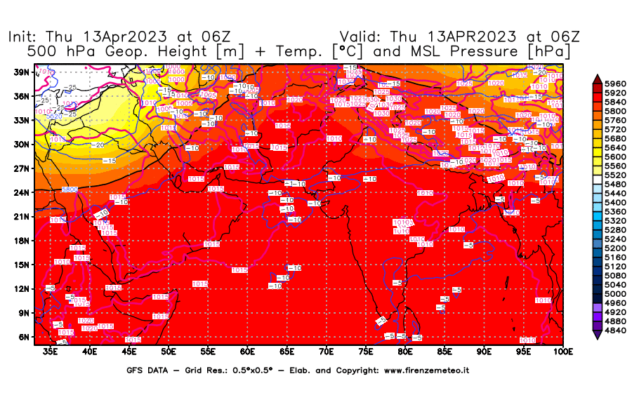 Mappa di analisi GFS - Geopotenziale [m] + Temp. [°C] a 500 hPa + Press. a livello del mare [hPa] in Asia Sud-Occidentale
							del 13/04/2023 06 <!--googleoff: index-->UTC<!--googleon: index-->