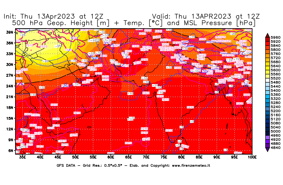 GFS analysi map - Geopotential [m] + Temp. [°C] at 500 hPa + Sea Level Pressure [hPa] in South West Asia 
									on 13/04/2023 12 <!--googleoff: index-->UTC<!--googleon: index-->
