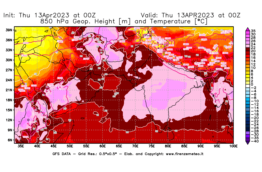 Mappa di analisi GFS - Geopotenziale [m] e Temperatura [°C] a 850 hPa in Asia Sud-Occidentale
							del 13/04/2023 00 <!--googleoff: index-->UTC<!--googleon: index-->
