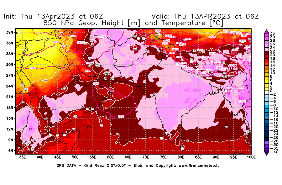 Mappa di analisi GFS - Geopotenziale [m] e Temperatura [°C] a 850 hPa in Asia Sud-Occidentale
							del 13/04/2023 06 <!--googleoff: index-->UTC<!--googleon: index-->