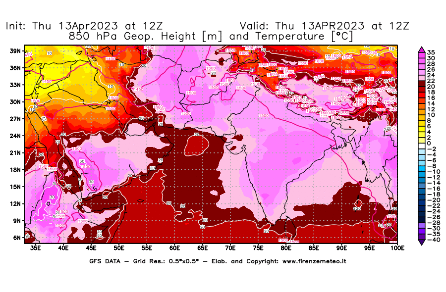 Mappa di analisi GFS - Geopotenziale [m] e Temperatura [°C] a 850 hPa in Asia Sud-Occidentale
							del 13/04/2023 12 <!--googleoff: index-->UTC<!--googleon: index-->