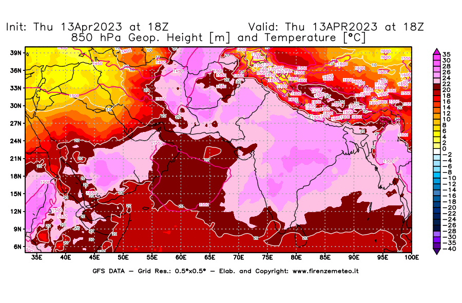 Mappa di analisi GFS - Geopotenziale [m] e Temperatura [°C] a 850 hPa in Asia Sud-Occidentale
							del 13/04/2023 18 <!--googleoff: index-->UTC<!--googleon: index-->