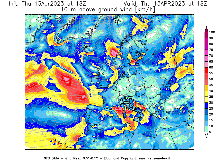 Mappa di analisi GFS - Velocità del vento a 10 metri dal suolo [km/h] in Europa
							del 13/04/2023 18 <!--googleoff: index-->UTC<!--googleon: index-->