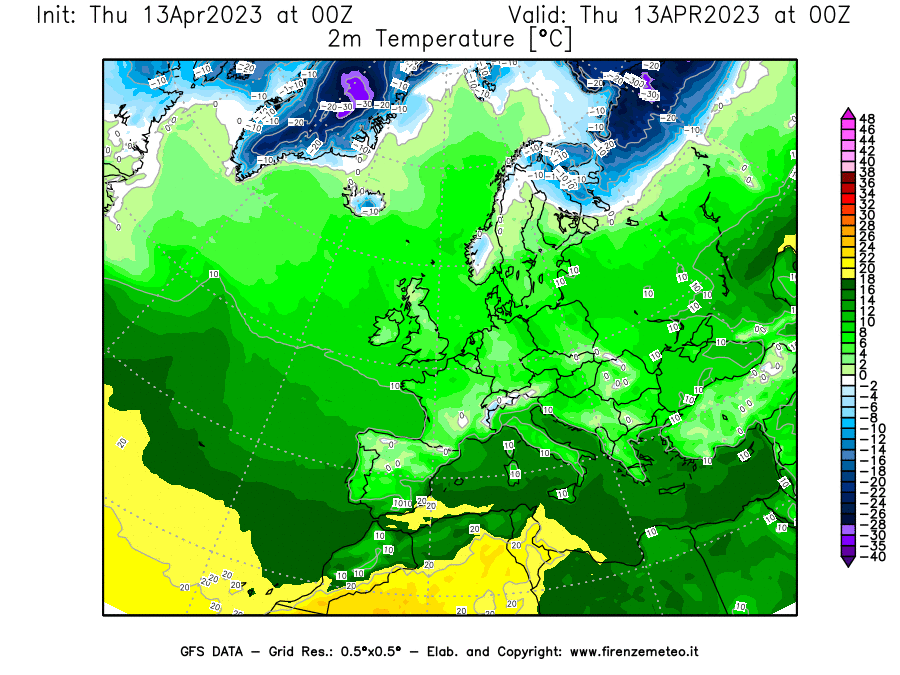 Mappa di analisi GFS - Temperatura a 2 metri dal suolo [°C] in Europa
							del 13/04/2023 00 <!--googleoff: index-->UTC<!--googleon: index-->
