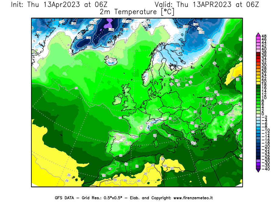 GFS analysi map - Temperature at 2 m above ground [°C] in Europe
									on 13/04/2023 06 <!--googleoff: index-->UTC<!--googleon: index-->