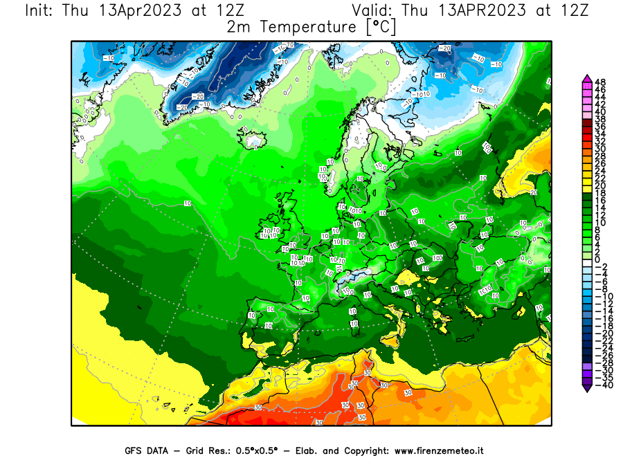 Mappa di analisi GFS - Temperatura a 2 metri dal suolo [°C] in Europa
							del 13/04/2023 12 <!--googleoff: index-->UTC<!--googleon: index-->