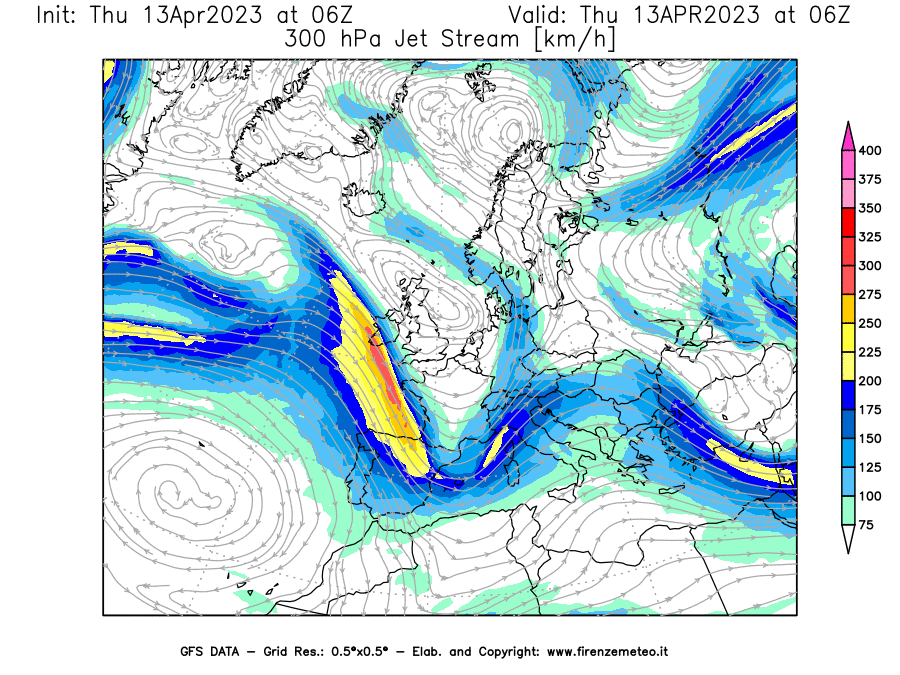 Mappa di analisi GFS - Jet Stream a 300 hPa in Europa
							del 13/04/2023 06 <!--googleoff: index-->UTC<!--googleon: index-->