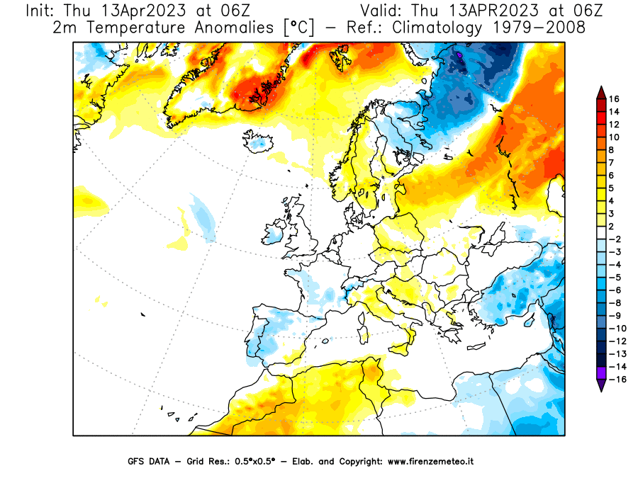 Mappa di analisi GFS - Anomalia Temperatura [°C] a 2 m in Europa
							del 13/04/2023 06 <!--googleoff: index-->UTC<!--googleon: index-->