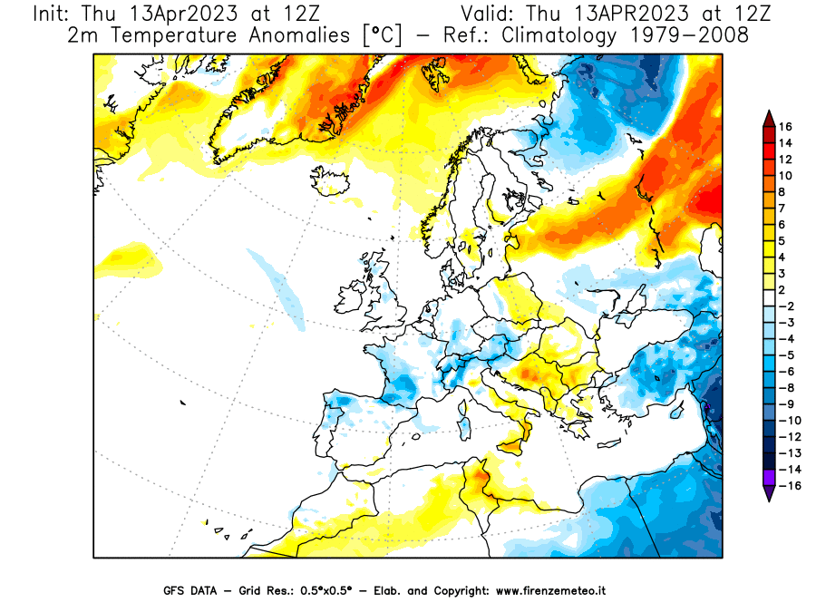 GFS analysi map - Temperature Anomalies [°C] at 2 m in Europe
									on 13/04/2023 12 <!--googleoff: index-->UTC<!--googleon: index-->